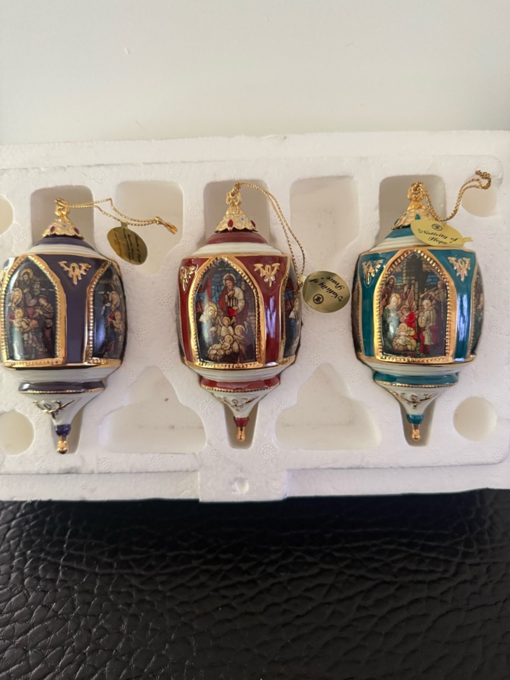 Set Of 3 Ornaments Nativity Of Love, Peace, Hope Bradford Editions 2000